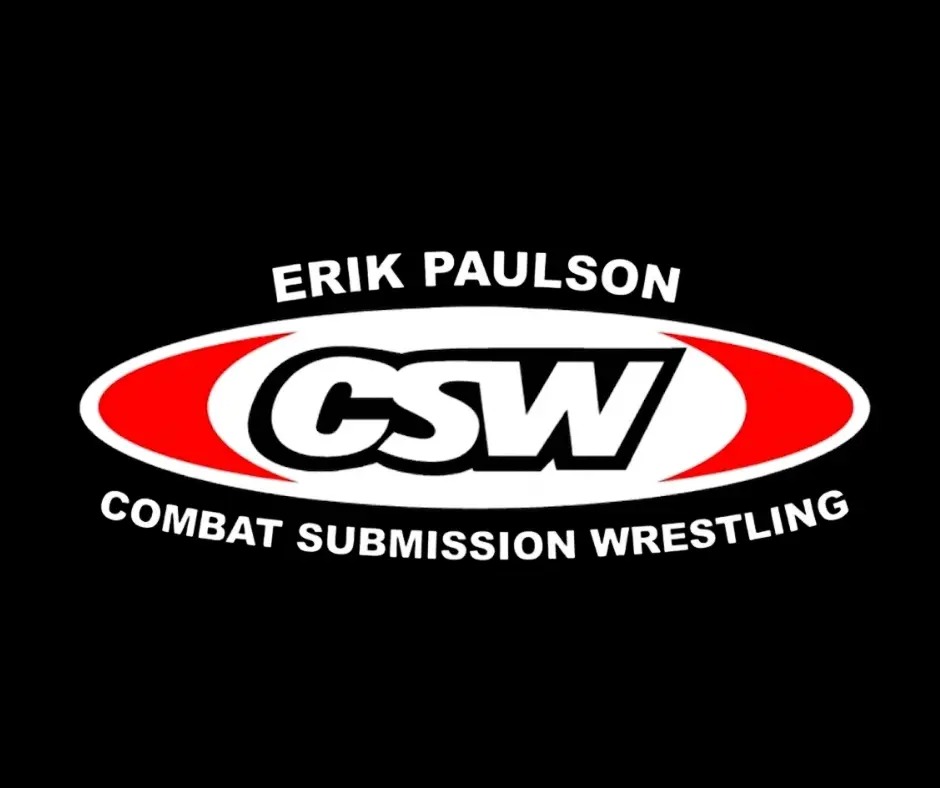 CSW Combat Submission Wrestling logo with Erik Paulson text and red curved accents on black background