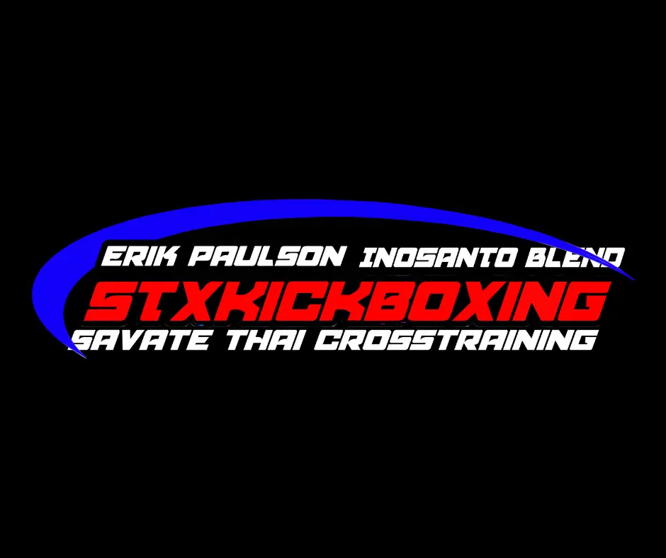 Logo for STXKICKBOXING brand with Erik Paulson Inosanto Blend and Savate Thai Cross Training, featuring a blue arc on a black background