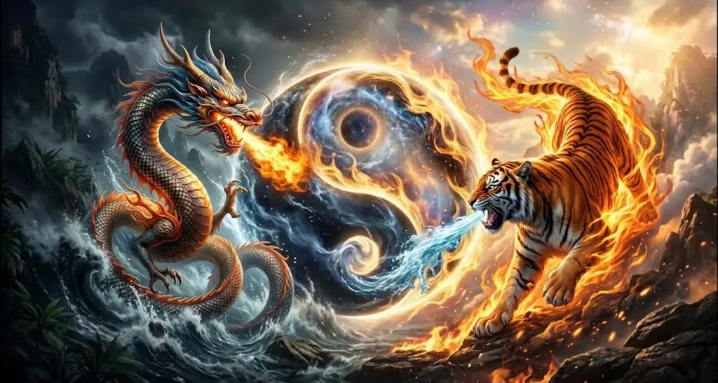 Dragon and tiger clash in a fiery-ice duel, a glowing vortex swirling between them in a fantastical landscape.